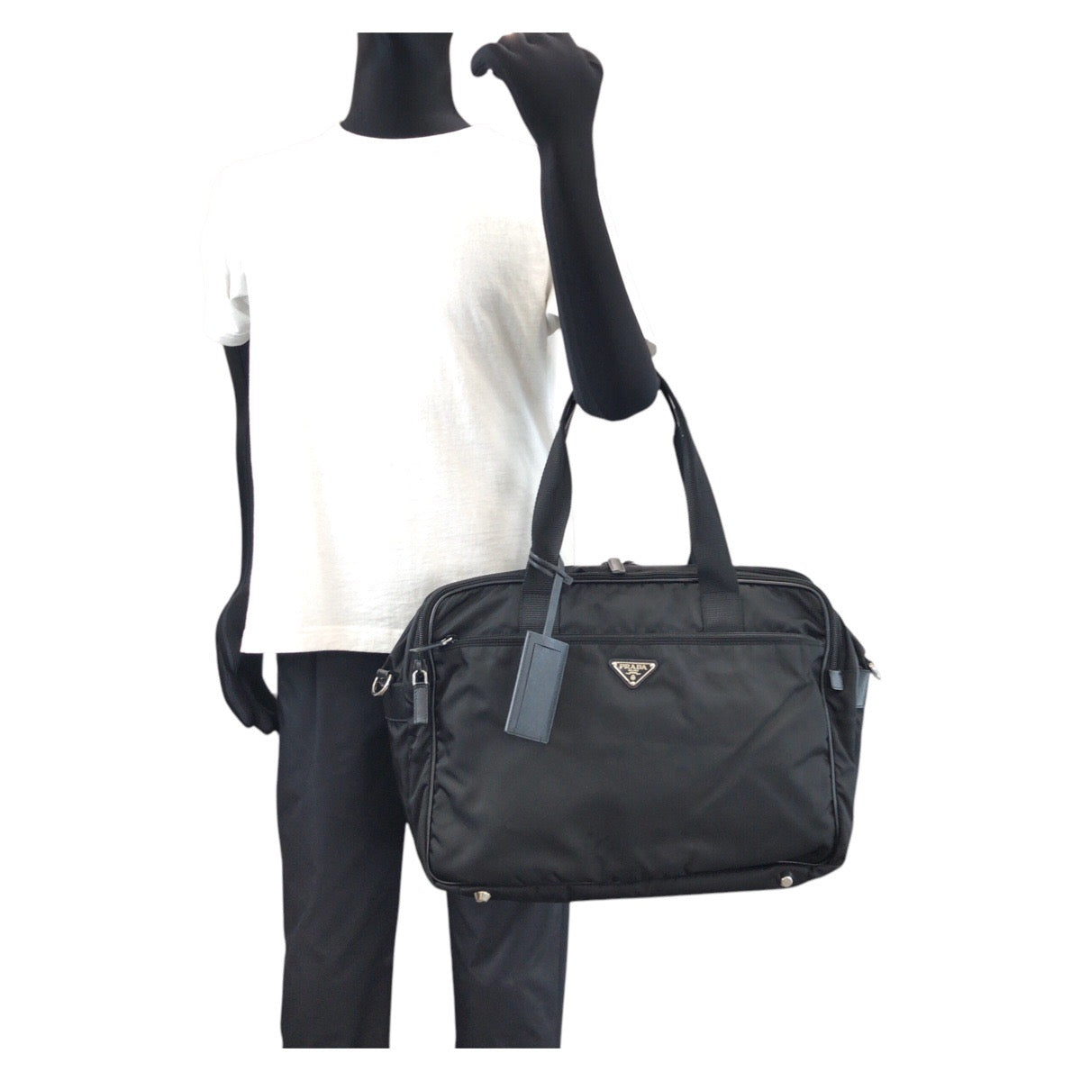 PRADA Business bag Nylon Black SilverMetal Testo Saffiano Triangle With logo