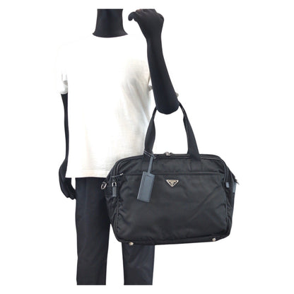 PRADA Business bag Nylon Black SilverMetal Testo Saffiano Triangle With logo