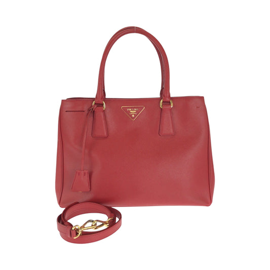 PRADA Tote Bag leather Red Gold Metal Galleria Saffiano Triangle With logo