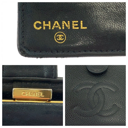 CHANEL Long Wallet Purse Caviar skin Black GoldMetal COCO Mark