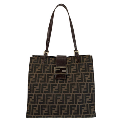 FENDI Tote Bag canvas Brown Silver Metal Zucca