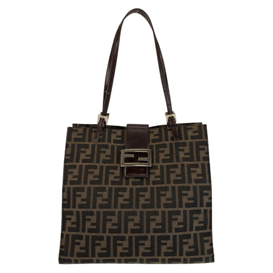 FENDI Tote Bag canvas Brown Silver Metal Zucca