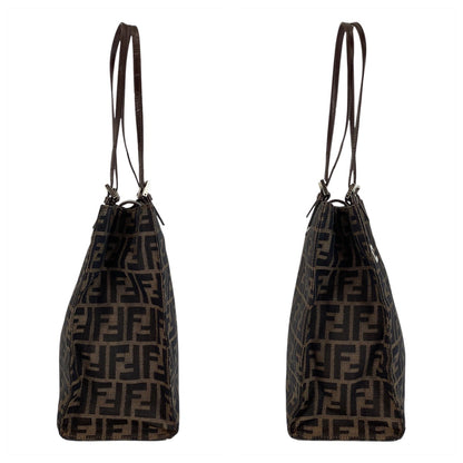 FENDI Tote Bag canvas Brown Silver Metal Zucca