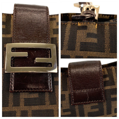 FENDI Tote Bag canvas Brown Silver Metal Zucca