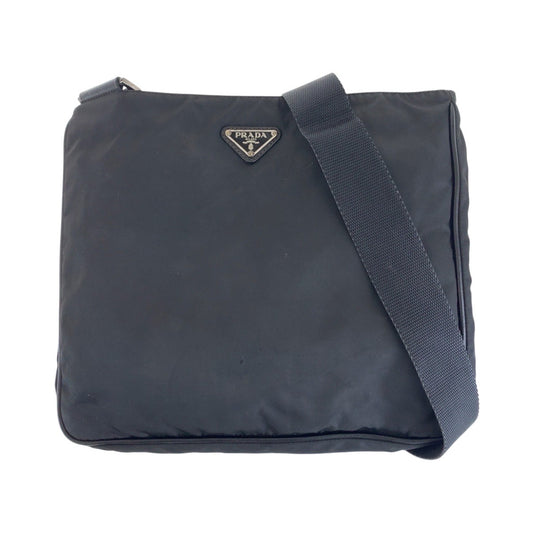 PRADA Shoulder Bag Nylon Black SilverMetal Testo Saffiano Triangle With logo