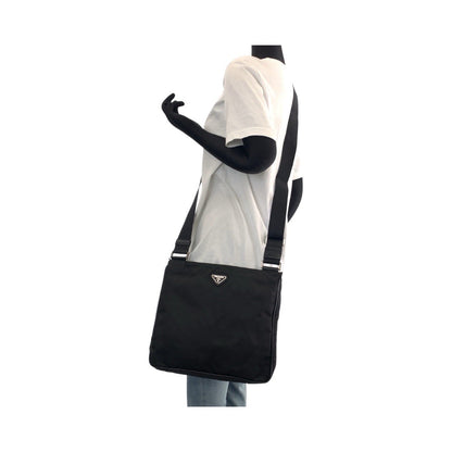 PRADA Shoulder Bag Nylon Black SilverMetal Testo Saffiano Triangle With logo