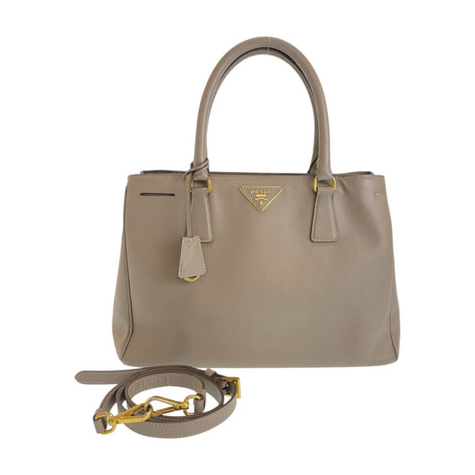 PRADA Handbag leather Greige Gold Metal Safiano Triangle With logo