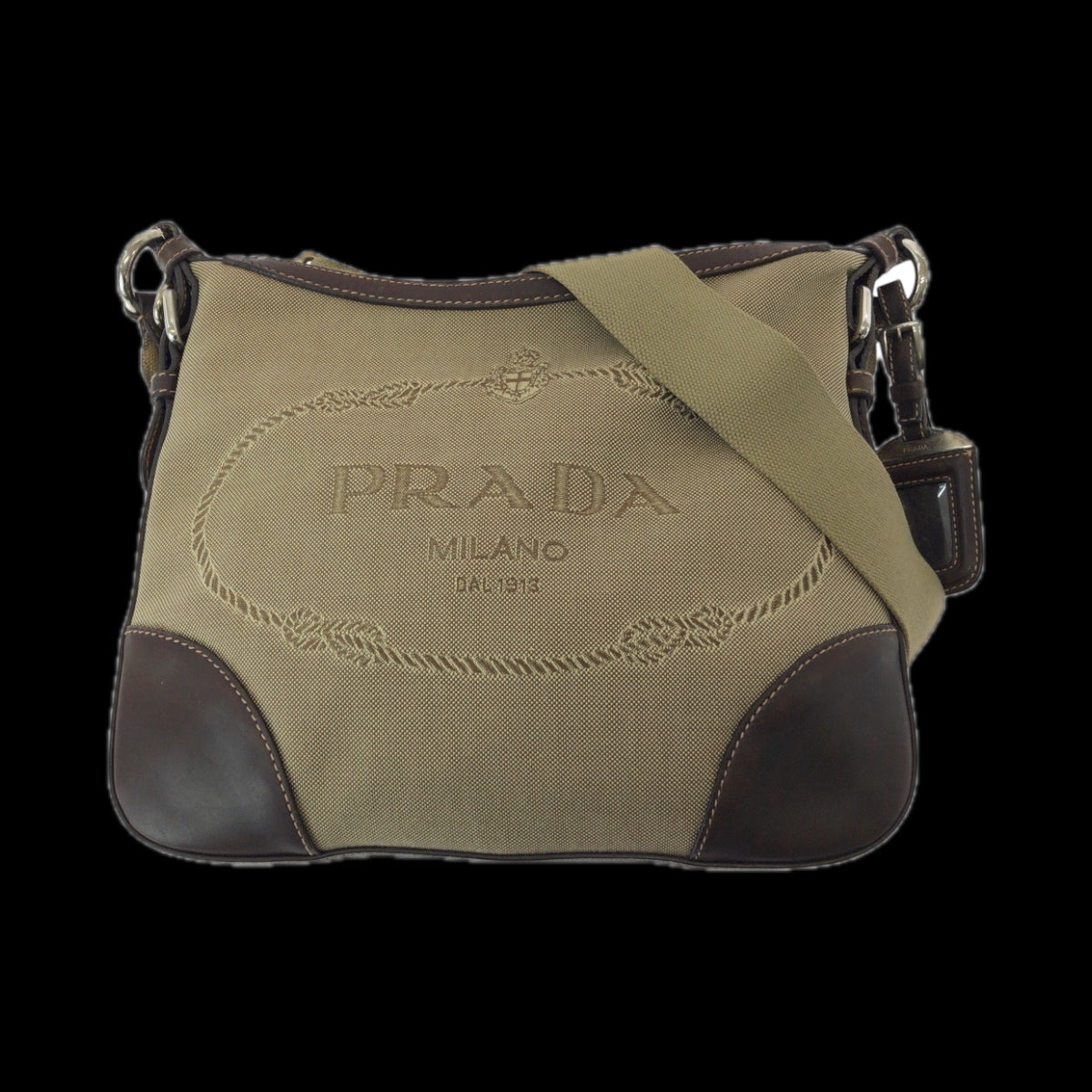 PRADA Shoulder Bag canvas Brown Silver Metal Logo jacquard