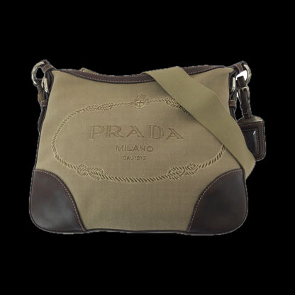 PRADA Shoulder Bag canvas Brown Silver Metal Logo jacquard