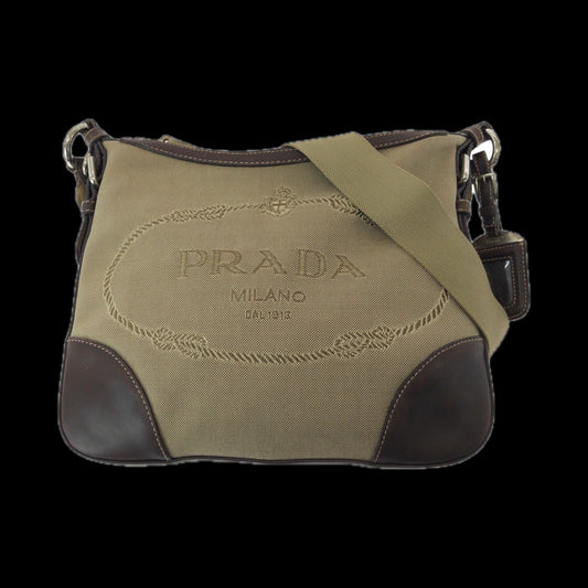 PRADA Shoulder Bag canvas Brown Silver Metal Logo jacquard