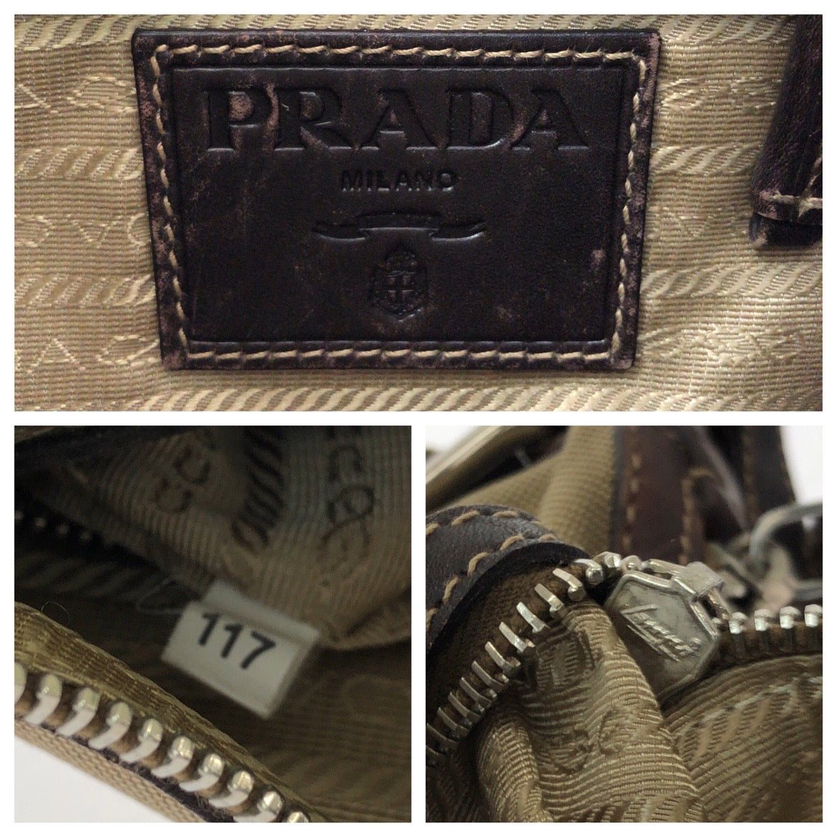 PRADA Shoulder Bag canvas Brown Silver Metal Logo jacquard