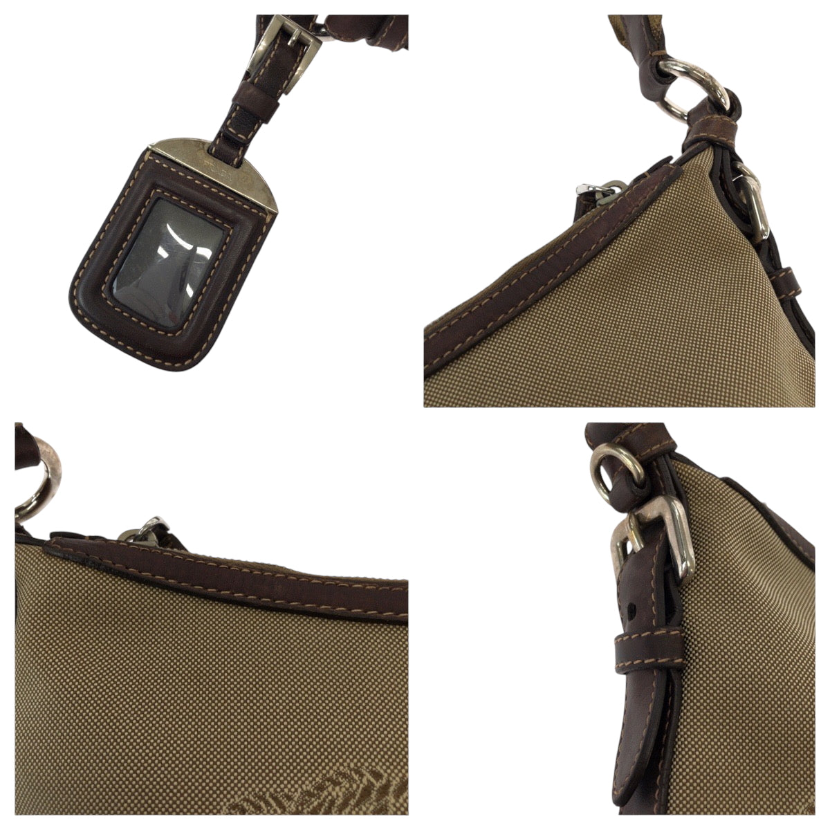 PRADA Shoulder Bag canvas Brown Silver Metal Logo jacquard