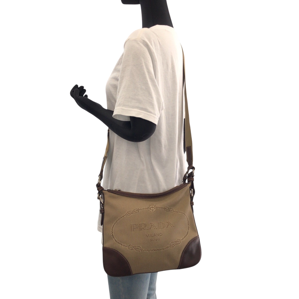 PRADA Shoulder Bag canvas Brown Silver Metal Logo jacquard
