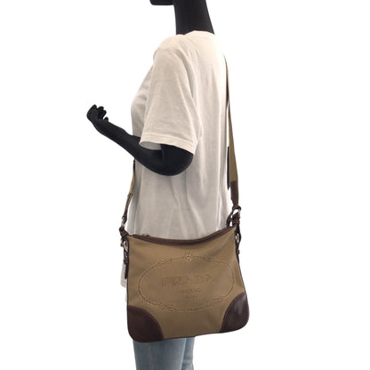 PRADA Shoulder Bag canvas Brown Silver Metal Logo jacquard