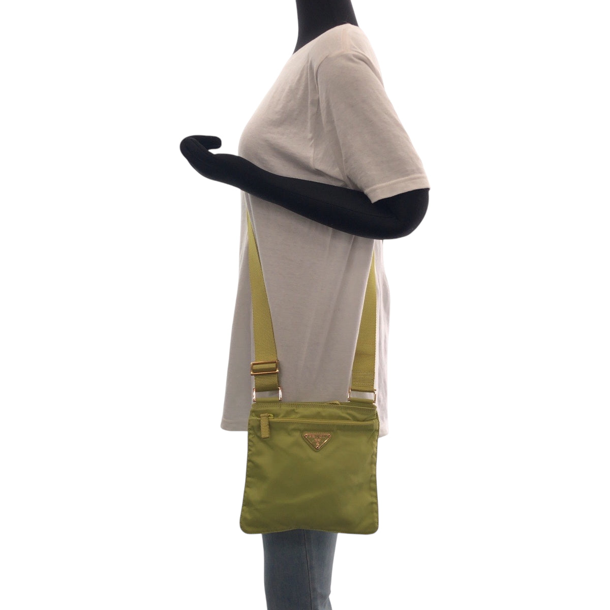 PRADA Shoulder Bag Nylon Light Green Gold Metal Test Triangle With logo