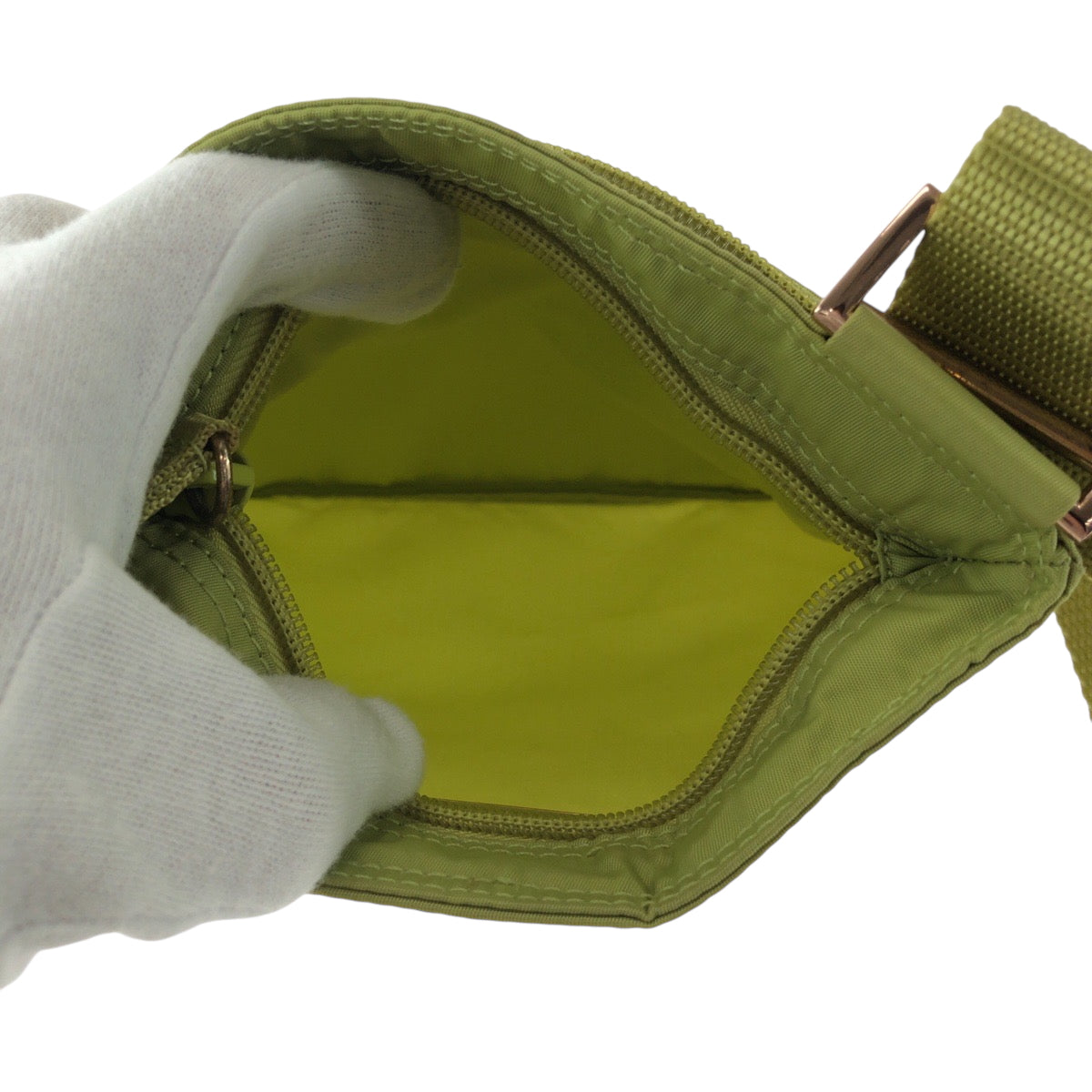 PRADA Shoulder Bag Nylon Light Green Gold Metal Test Triangle With logo