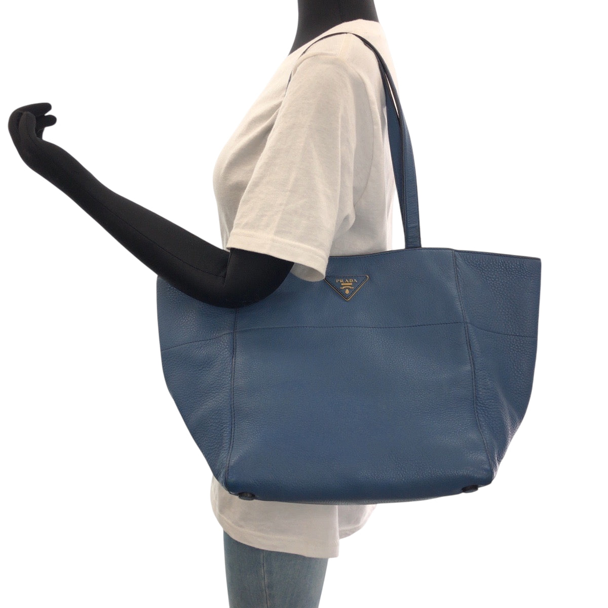 PRADA Tote Bag leather Blue GoldMetal Vitterodino Triangle With logo