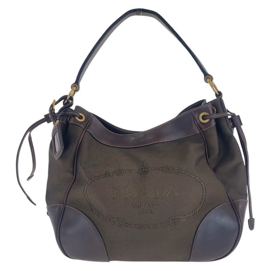 PRADA Shoulder Bag canvas Brown Gold Metal Logo jacquard