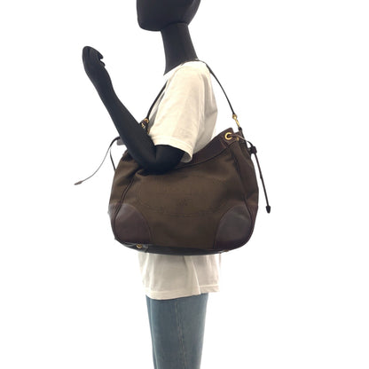 PRADA Shoulder Bag canvas Brown Gold Metal Logo jacquard