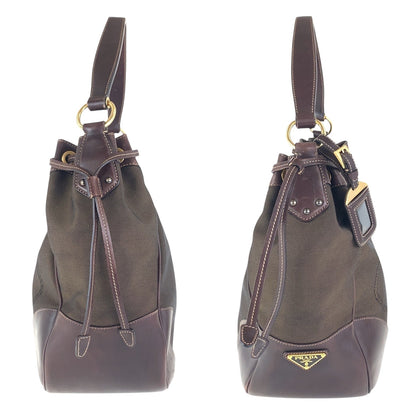 PRADA Shoulder Bag canvas Brown Gold Metal Logo jacquard