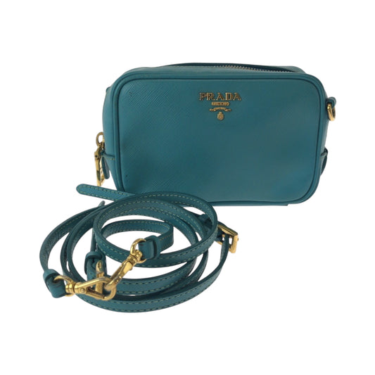 PRADA Shoulder Bag leather Blue GoldMetal Safiano Triangle With logo
