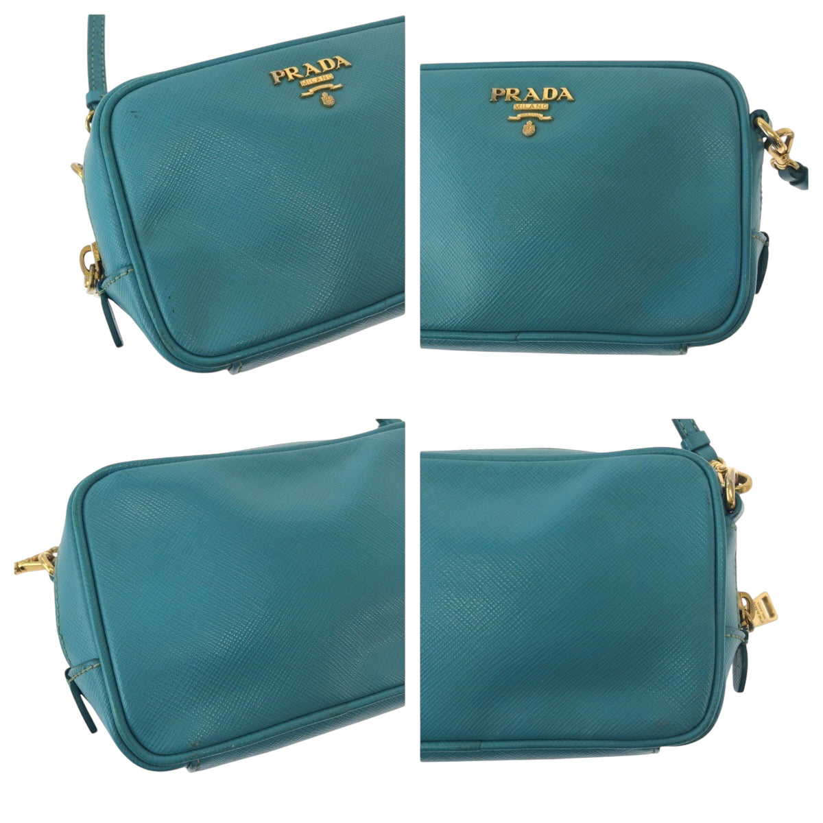 PRADA Shoulder Bag leather Blue GoldMetal Safiano Triangle With logo