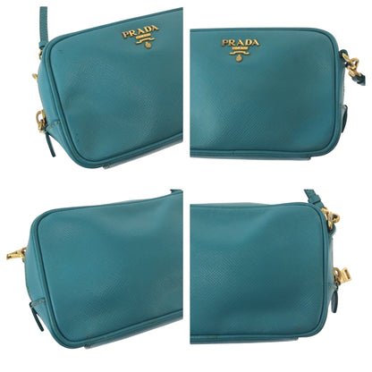 PRADA Shoulder Bag leather Blue GoldMetal Safiano Triangle With logo