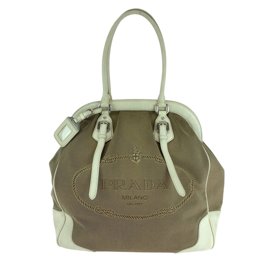 PRADA Handbag canvas Brown Logo jacquard