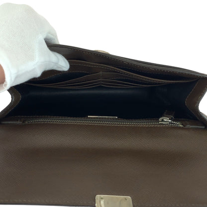 PRADA Clutch bag leather Brown Silver Metal Safiano Triangle With logo