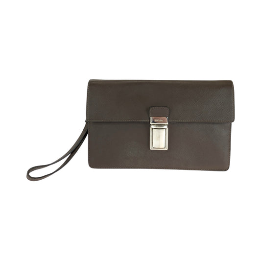 PRADA Clutch bag leather Brown Silver Metal Safiano Triangle With logo