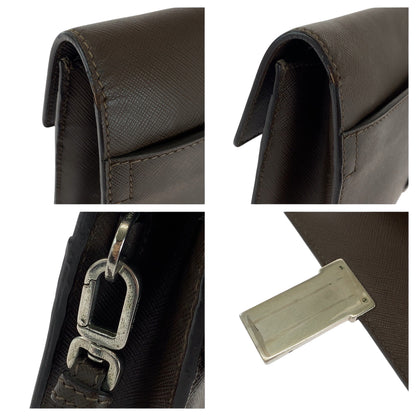 PRADA Clutch bag leather Brown Silver Metal Safiano Triangle With logo