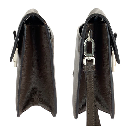 PRADA Clutch bag leather Brown Silver Metal Safiano Triangle With logo