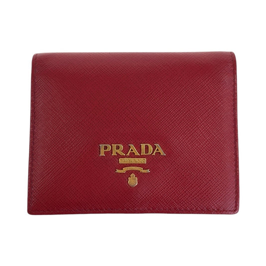 PRADA Bifold Wallet leather Red Gold Metal Safiano