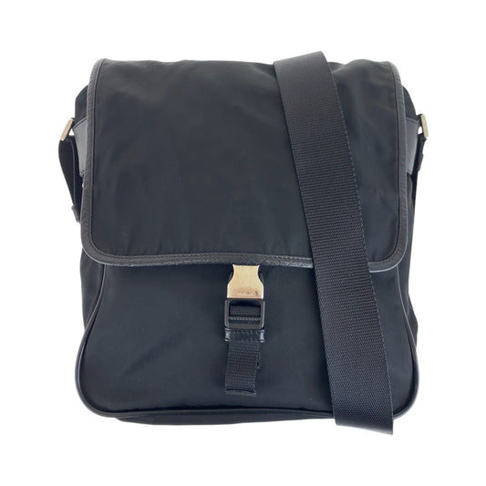 PRADA Shoulder Bag Nylon Black SilverMetal Testo Saffiano Triangle With logo