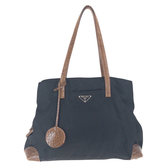 PRADA Shoulder Bag Nylon Black Brown SilverMetal Test Triangle With logo