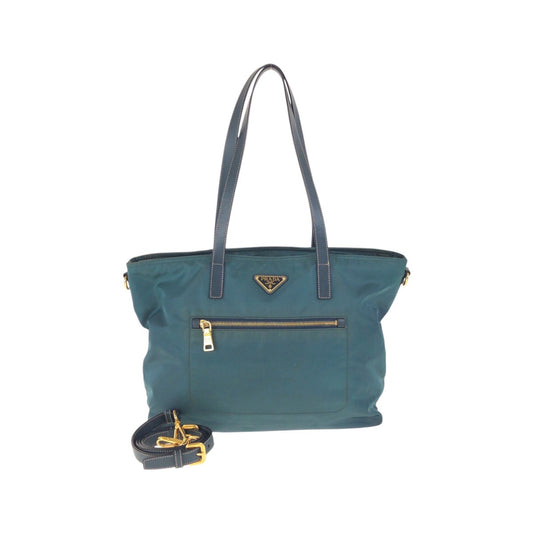 PRADA Tote Bag Nylon Green Navy Gold Metal Test Triangle With logo