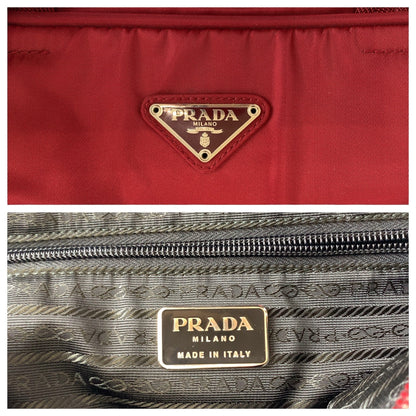 PRADA Tote Bag Nylon Wine Red Bordeaux SilverMetal Test Triangle With logo