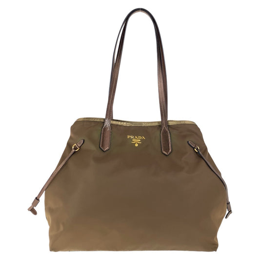 PRADA Tote Bag Nylon Brown Gold Metal Testo Saffiano Triangle With logo
