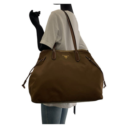PRADA Tote Bag Nylon Brown Gold Metal Testo Saffiano Triangle With logo