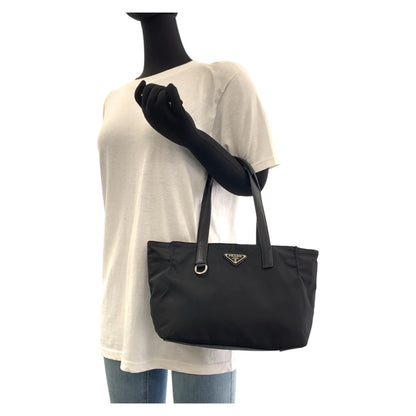PRADA Tote Bag Nylon Black SilverMetal Testo Saffiano Triangle With logo