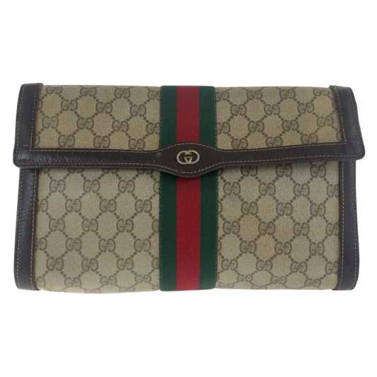 GUCCI Clutch bag GG Supreme Canvas Brown Gold Metal Old Gucci Shelly Line Interlocking