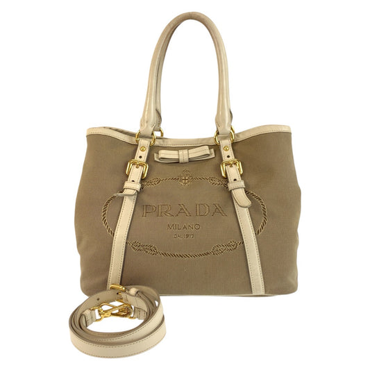 PRADA Tote Bag canvas Beige Gold Metal Logo jacquard