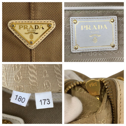 PRADA Tote Bag canvas Beige Gold Metal Logo jacquard