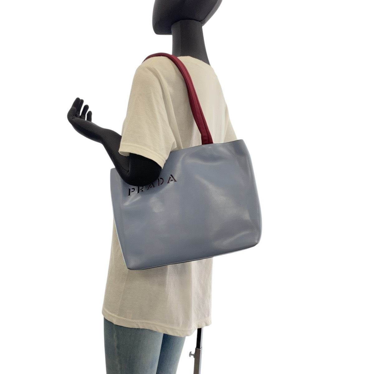 PRADA Tote Bag leather Blue Wine Red Cut-off logo