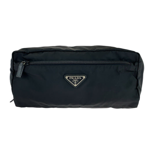 PRADA Clutch bag Nylon Black SilverMetal Testo Saffiano leather Triangle With logo