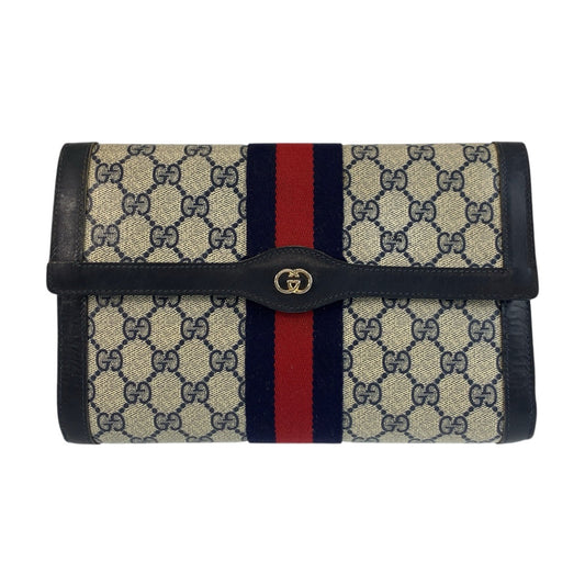 GUCCI Clutch bag 38 GG Supreme Canvas Gray Navy Gold Metal Sherry line