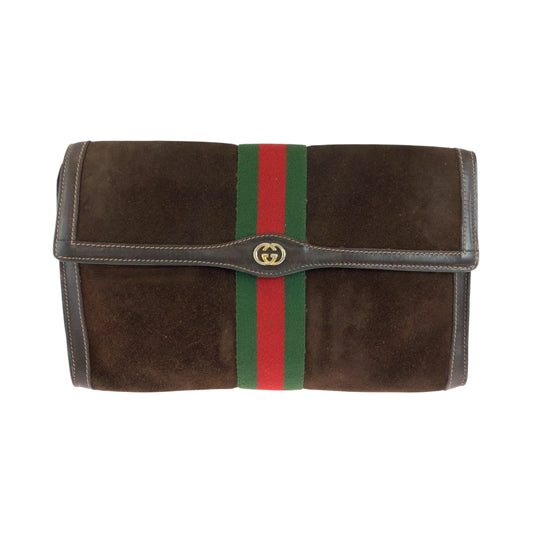 GUCCI Clutch bag Suede Brown Red Green GoldMetal GUCCI PARFUMS Old Gucci Sherry Line