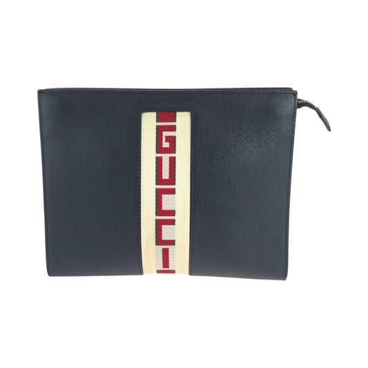 GUCCI Clutch bag 475316 leather Black White SilverMetal Web stripe