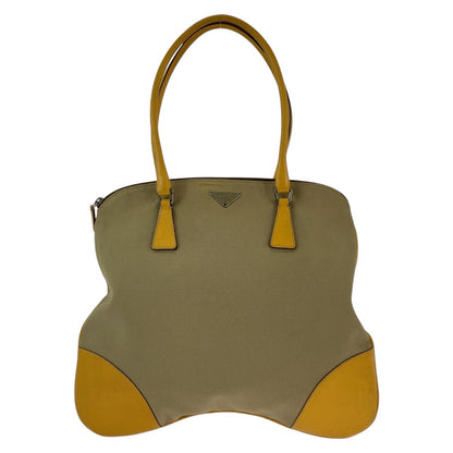 PRADA Tote Bag canvas Beige Yellow SilverMetal Triangle With logo