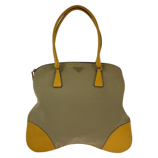 PRADA Tote Bag canvas Beige Yellow SilverMetal Triangle With logo